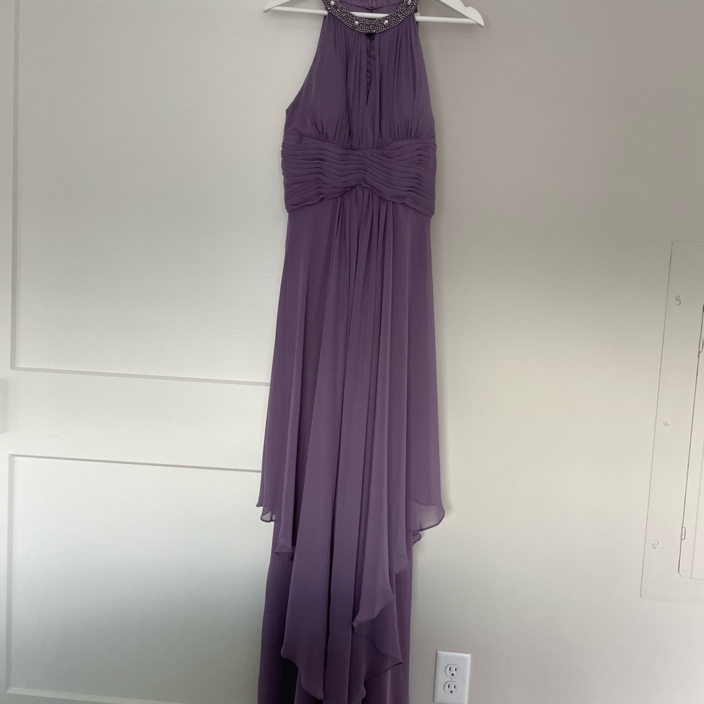 Eliza J Lavender Satin Formal Dress with Jeweled Collar